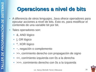 TALLER DE PROGRAMACIÓN DE SISTEMAS

                                             Operaciones a nivel de bits
                                     ●   A diferencia de otros lenguajes, Java ofrece operadores para
                                         ejecutar acciones a nivel de bits. Esto es, para modificar el
                                         contenido de una variable bit por bit.
                                     ●   Tales operadores son:
                                         ●   &, AND lógico
                                         ●   |, OR lógico
                                         ●   ^, XOR lógico
                                         ●   ~, negación o complemento
                                         ●   >>, corrimiento derecho con propagación de signo
                                         ●   <<, corrimiento izquierda con 0s a la derecha
                                         ●   >>>, corrimiento derecho con 0s a la izquierda

                                                            Lic. Nancy Michelle Torres Villanueva   28
 