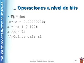 TALLER DE PROGRAMACIÓN DE SISTEMAS

                                         ... Operaciones a nivel de bits
                                     ● Ejemplos:
                                     int a = 0x00000000;
                                     a = ~a | 0x100;
                                     a >>>= 7;
                                     //¿Cuánto vale a?




                                                 Lic. Nancy Michelle Torres Villanueva   29
 