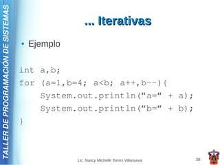 TALLER DE PROGRAMACIÓN DE SISTEMAS

                                                      ... Iterativas
                                     ●   Ejemplo

                                     int a,b;
                                     for (a=1,b=4; a<b; a++,b--){
                                         System.out.println(“a=“ + a);
                                         System.out.println(“b=“ + b);
                                     }



                                                   Lic. Nancy Michelle Torres Villanueva   38
 