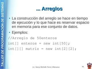 TALLER DE PROGRAMACIÓN DE SISTEMAS

                                                         ... Arreglos
                                     ●   La construcción del arreglo se hace en tiempo
                                         de ejecución y lo que hace es reservar espacio
                                         en memoria para ese conjunto de datos.
                                     ● Ejemplos:
                                     //Arreglo de 50enteros
                                     int[] enteros = new int[50];
                                     int[][] matriz = new int[2][2];



                                                     Lic. Nancy Michelle Torres Villanueva   46
 