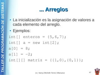 TALLER DE PROGRAMACIÓN DE SISTEMAS

                                                         ... Arreglos
                                     ●   La inicialización es la asignación de valores a
                                         cada elemento del arreglo.
                                     ● Ejemplos:
                                     int[] enteros = {5,6,7};
                                     int[] a = new int[2];
                                     a[0] = 8;
                                     a[1] = -2;
                                     int[][] matriz = {{1,0},{0,1}};


                                                     Lic. Nancy Michelle Torres Villanueva   47
 