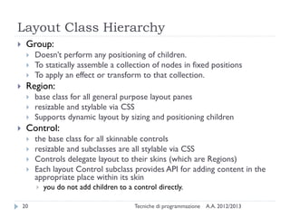 Layout Class Hierarchy
    Group:
        Doesn’t perform any positioning of children.
        To statically assemble a collection of nodes in fixed positions
        To apply an effect or transform to that collection.
    Region:
        base class for all general purpose layout panes
        resizable and stylable via CSS
        Supports dynamic layout by sizing and positioning children
    Control:
        the base class for all skinnable controls
        resizable and subclasses are all stylable via CSS
        Controls delegate layout to their skins (which are Regions)
        Each layout Control subclass provides API for adding content in the
         appropriate place within its skin
            you do not add children to a control directly.

    20                                     Tecniche di programmazione   A.A. 2012/2013
 