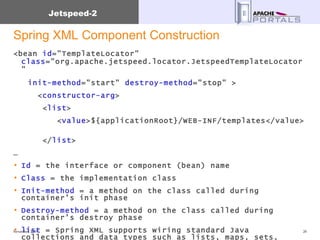 Spring XML Component Construction <bean  id ="TemplateLocator"  class ="org.apache.jetspeed.locator.JetspeedTemplateLocator"  init-method ="start"  destroy-method ="stop" > < constructor-arg > < list > < value >${applicationRoot}/WEB-INF/templates</value>  </ list > … Id  = the interface or component (bean) name Class  = the implementation class Init-method  = a method on the class called during container’s init phase Destroy-method  = a method on the class called during container’s destroy phase list  = Spring XML supports wiring standard Java collections and data types such as lists, maps, sets, properties 