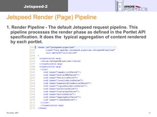 Jetspeed Render (Page) Pipeline 1. Render Pipeline - The default Jetspeed request pipeline. This pipeline processes the render phase as defined in the Portlet API specification. It does the  typical aggregation of content rendered by each portlet. 