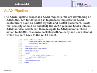 AJAX Pipeline The AJAX Pipeline processes AJAX requests. We are developing an AJAX XML API for Jetspeed-2, to process requests for AJAX customizers such as portlet layouts and portlet placement.  (Note that security should be enabled) The AJAX pipeline hooks into an AJAX service, which can then delegate to AJAX actions. These action build XML response packets (with Velocity and Java Beans) which are sent back to the AJAX client. 