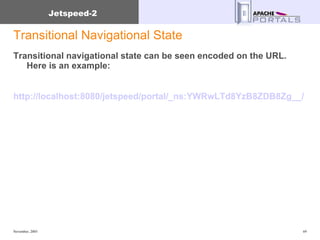 Transitional Navigational State Transitional navigational state can be seen encoded on the URL.  Here is an example: http://localhost:8080/jetspeed/portal/_ns:YWRwLTd8YzB8ZDB8Zg__/ 