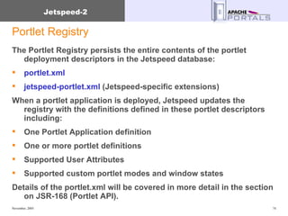 Portlet Registry The Portlet Registry persists the entire contents of the portlet deployment descriptors in the Jetspeed database: portlet.xml jetspeed-portlet.xml  (Jetspeed-specific extensions) When a portlet application is deployed, Jetspeed updates the registry with the definitions defined in these portlet descriptors including: One Portlet Application definition One or more portlet definitions  Supported User Attributes Supported custom portlet modes and window states Details of the portlet.xml will be covered in more detail in the section on JSR-168 (Portlet API). 