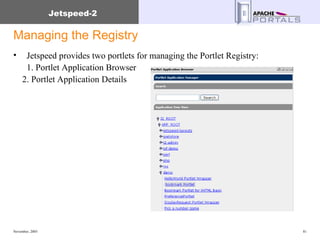 Managing the Registry Jetspeed provides two portlets for managing the Portlet Registry: 1. Portlet Application Browser 2. Portlet Application Details 