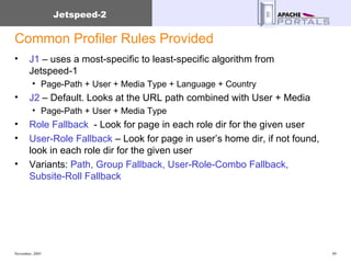 Common Profiler Rules Provided J1  – uses a most-specific to least-specific algorithm from Jetspeed-1 Page-Path + User + Media Type + Language + Country J2  – Default. Looks at the URL path combined with User + Media Page-Path + User + Media Type Role Fallback   - Look for page in each role dir for the given user User-Role Fallback  – Look for page in user’s home dir, if not found, look in each role dir for the given user Variants:  Path, Group Fallback, User-Role-Combo Fallback, Subsite-Roll Fallback 