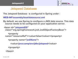 Jetspeed Database The Jetspeed Database  is configured in Spring under :  WEB-INF/assembly/boot/datasource.xml  By default, we use Spring to configure a JNDI data source. This data source needs to be configured on your application server. <bean id=" JetspeedDS " class="org.springframework.jndi.JndiObjectFactoryBean"> <property name="resourceRef"><value>false</value></property>  <property name=" jndiName "> <value> java:comp/env/jdbc/jetspeed </value> </property> </bean> 