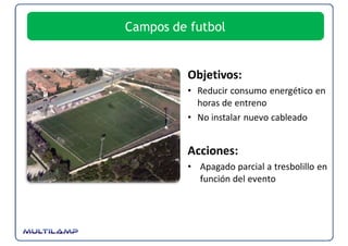 Campos de futbol


         Objetivos:
         • Reducir consumo energético en 
           horas de entreno
         • No instalar nuevo cableado


         Acciones:
         • Apagado parcial a tresbolillo en 
           función del evento
 