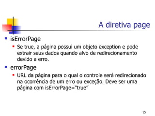A diretiva page
   isErrorPage
       Se true, a página possui um objeto exception e pode
        extrair seus dados quando alvo de redirecionamento
        devido a erro.
   errorPage
       URL da página para o qual o controle será redirecionado
        na ocorrência de um erro ou exceção. Deve ser uma
        página com isErrorPage=“true”



                                                              15
 