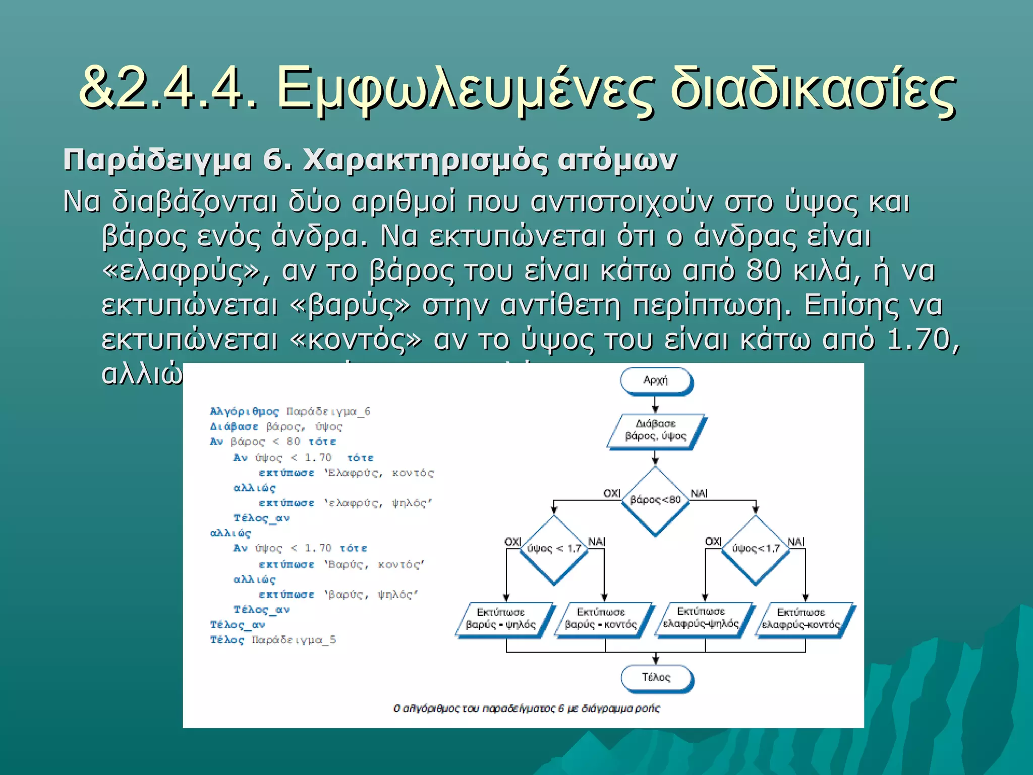 &2.4.4. Εμφωλευμένες διαδικασίες
Παράδειγμα 6. Χαρακτηρισμός ατόμων
Να διαβάζονται δύο αριθμοί που αντιστοιχούν στο ύψος και
  βάρος ενός άνδρα. Να εκτυπώνεται ότι ο άνδρας είναι
  «ελαφρύς», αν το βάρος του είναι κάτω από 80 κιλά, ή να
  εκτυπώνεται «βαρύς» στην αντίθετη περίπτωση. Επίσης να
  εκτυπώνεται «κοντός» αν το ύψος του είναι κάτω από 1.70,
  αλλιώς να εκτυπώνεται «ψηλός».
 