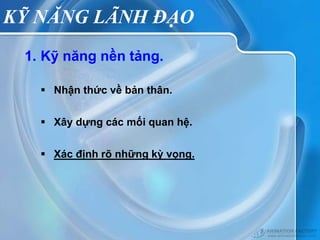 KỸ NĂNG LÃNH ĐẠO
 1. Kỹ năng nền tảng.

    Nhận thức về bản thân.


    Xây dựng các mối quan hệ.


    Xác định rõ những kỳ vọng.
 