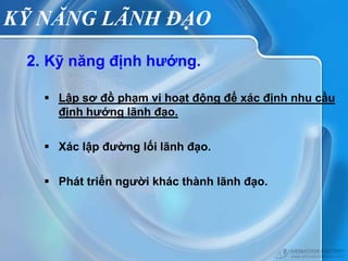 KỸ NĂNG LÃNH ĐẠO
 2. Kỹ năng định hướng.

    Lập sơ đồ phạm vi hoạt động để xác định nhu cầu
     định hướng lãnh đạo.


    Xác lập đường lối lãnh đạo.


    Phát triển người khác thành lãnh đạo.
 
