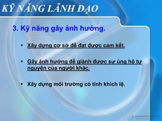 KỸ NĂNG LÃNH ĐẠO
 3. Kỹ năng gây ảnh hưởng.

    Xây dựng cơ sở để đạt được cam kết.


    Gây ảnh hưởng để giành được sự ủng hộ tự
     nguyện của người khác.


    Xây dựng môi trường có tính khích lệ.
 