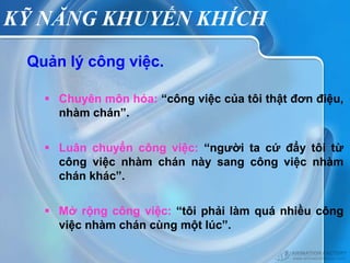 KỸ NĂNG KHUYẾN KHÍCH
 Quản lý công việc.

    Chuyên môn hóa: “công việc của tôi thật đơn điệu,
     nhàm chán”.


    Luân chuyển công việc: “người ta cứ đẩy tôi từ
     công việc nhàm chán này sang công việc nhàm
     chán khác”.


    Mở rộng công việc: “tôi phải làm quá nhiều công
     việc nhàm chán cùng một lúc”.
 
