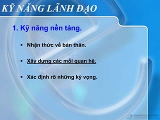 KỸ NĂNG LÃNH ĐẠO
 1. Kỹ năng nền tảng.

    Nhận thức về bản thân.


    Xây dựng các mối quan hệ.


    Xác định rõ những kỳ vọng.
 