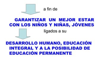 a fin de GARANTIZAR UN MEJOR ESTAR CON LOS NIÑOS Y NIÑAS, JÓVENES  ligados a su DESARROLLO HUMANO, EDUCACIÓN INTEGRAL Y A LA POSIBILIDAD DE EDUCACIÓN PERMANENTE 