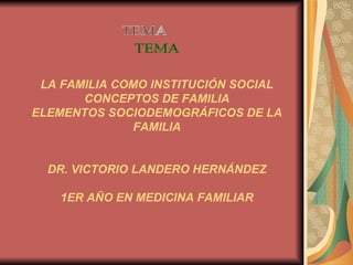 LA FAMILIA COMO INSTITUCIÓN SOCIAL CONCEPTOS DE FAMILIA ELEMENTOS SOCIODEMOGRÁFICOS DE LA FAMILIA DR. VICTORIO LANDERO HERNÁNDEZ 1ER AÑO EN MEDICINA FAMILIAR TEMA 