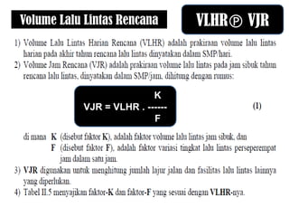 Volume Lalu Lintas Rencana
K
VJR = VLHR . ------
F
VLHR VJR
 