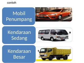 contoh
Mobil
Penumpang
Kendaraan
Sedang
Kendaraan
Besar
 