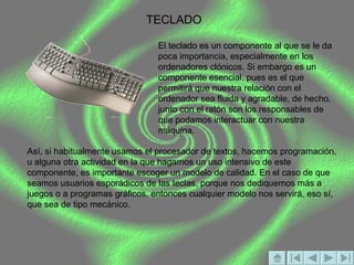 TECLADO El teclado es un componente al que se le da poca importancia, especialmente en los ordenadores clónicos. Si embargo es un componente esencial, pues es el que permitirá que nuestra relación con el ordenador sea fluida y agradable, de hecho, junto con el ratón son los responsables de que podamos interactuar con nuestra máquina. Así, si habitualmente usamos el procesador de textos, hacemos programación, u alguna otra actividad en la que hagamos un uso intensivo de este componente, es importante escoger un modelo de calidad. En el caso de que seamos usuarios esporádicos de las teclas, porque nos dediquemos más a juegos o a programas gráficos, entonces cualquier modelo nos servirá, eso sí, que sea de tipo mecánico. 