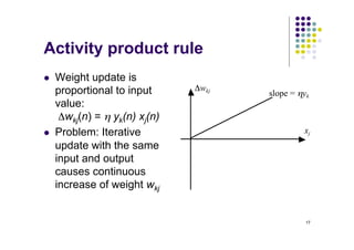 17
Activity product rule
l Weight update is
proportional to input
value:
Δwkj(n) = η yk(n) xj(n)
l Problem: Iterative
update with the same
input and output
causes continuous
increase of weight wkj
xj
Δwkj
slope = ηyk
 