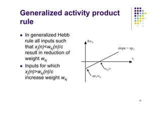19
Generalized activity product
rule
l In generalized Hebb
rule all inputs such
that xj(n)<wkj(n)/c
result in reduction of
weight wkj
l Inputs for which
xj(n)>wkj(n)/c
increase weight wkj
xj
Δwkj
slope = ηyk
wkj/c
-aykwkj
 