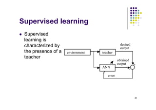 26
Supervised learning
l Supervised
learning is
characterized by
the presence of a
teacher
environment teacher
ANN
desired
output
error
obtained
output +
-
 