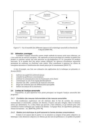 On cherche
                                                            à déterminer :




                          Des différences                                         Des préférences




                 Épreuves                     Épreuves                         Études consommateurs
              discriminatives                descriptives                       Épreuves hédoniques


           au moins 20 sujets        15 à 20 sujets entraînés                au moins 60 sujets naïfs




      Figure n°1 : Vue d’ensemble des différentes épreuves de la métrologie sensorielle en fonction de
                                          l’objectif [SSHA 98].

2.3    Utilisation, avantages
        Considérer l’analyse sensorielle comme simple méthode de mesure serait assez réducteur, car
c’est avant tout un outil de conception : elle représente un moyen privilégié de contrôler la qualité d'un
produit et constitue surtout une aide précieuse au développement et à la conception de produits
nouveaux. Si le produit doit être perçu comme différent, les épreuves d'évaluation sensorielle
permettent de confirmer ou d'infirmer cette réalité. Elles contribuent à maîtriser les efforts de
conception nécessaires à l'amélioration des stimuli perçus par le consommateur [INGE 97].

    A titre d’exemple, une liste non exhaustive des applications de la technique est présentée ci-
dessous [BAS] :

          maîtriser une qualité de conformité perçue
          connaître les préférences consommateurs
          améliorer la communication entre les fournisseurs et les clients
          communiquer au sein d’une équipe pluridisciplinaire
          structurer une offre : construction de nuanciers sensoriels
          diriger une recherche pour une différenciation perceptible
          réaliser une analyse de la concurrence.

2.4   Limites de l’analyse sensorielle
      Aujourd’hui, on peut répertorier trois points principaux sur lesquels l’analyse sensorielle doit
progresser :

2.4.1    Corrélation des mesures instrumentales et des mesures sensorielles
         De nombreuses expériences ont été réalisées dans le but de corréler des mesures
instrumentales et sensorielles, certaines ont abouties, d’autres sont plus mitigées. Dans le domaine
autres que alimentaires, il y a deux thèses qui peuvent y faire référence, et qui utilisent pour cette
corrélation d’autres techniques que l’analyse de données : la logique floue, les algorithmes génétiques,
réseaux de neurones…etc. [KHO 98], [VOI 99].

2.4.2  Relation de la technique du profil sensoriel à d’autres données consommateurs
       Comme il est exposé dans la partie 2.2, la sensation se compose d’une partie subjective ou
hédonique. Cette dimension subjective est obtenue par des tests de préférences (« Je préfère tel produit

                                                                                                         5
 