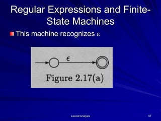 Lexical Analysis 51
Regular Expressions and Finite-
State Machines
This machine recognizes e
 