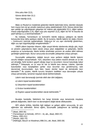 22 
 
Orta yolcu lider (5,5),
Göreve dönük lider (9,1)
Takım liderliği (9,9).
Blake ve Mouton’un modelinde gösterilen liderlik tiplerinden birisi, istenilen düzeyde
hem insana hem de işe yönelik maksimum çıktıyı alabilmektedir (9,9). Göreve dönük lider
aşırı şekilde işe yoğunlaşarak çalışanları bir makine gibi algılamakta (9,1), diğeri sadece
insana yoğunlaşmakta (1,9), diğeri orta yolu seçerken (5,5), diğeri ise her iki boyutta da
pasif kalmayı (1,1) benimsemektedir.46
Bu noktada, Tannenbaum ve Schmidt’in liderlik doğrusu yaklaşımı da liderlik
konusunda biraz daha açıklayıcı olabilir. Bu iki kuramcı, liderlik tiplerini bir doğru (Sürem
– Continuum) üzerinde açıklamaktadır. Doğrunun bir ucu aşırı otoriterliği gösterirken,
diğer ucu aşırı özgürlükçülüğü simgelemektedir.47
1960’lı yılların başından itibaren, diğer sosyal bilimler alanlarında olduğu gibi, örgüt
ve yönetim çalışmalarına ilişkin olarak ortaya çıkan değişiklikler ve gelişmeler, liderlik
araştırma ve kuramlarında, liderle birlikte etrafındaki çevrenin de analize dâhil edilmesi
gerektiğini göstermiştir. Bunun sonucunda durumsallık yaklaşımları ortaya çıkmıştır.
Durumsallık yaklaşımları, değişik durum veya şartların değişik liderlik tiplerini
zorunlu kıldığını varsaymaktadır. Yani, izleyicilere veya astlara nezaret etmede en iyi tek
yol olmadığı, farklı tarzların geçerli olduğu koşul ve durumların mevcut bulunduğu kabul
edilmiştir.48
Dolayısıyla, en iyi veya bir tek iyi liderlik tarzı olamaz. Liderler, içlerinde
bulundukları veya karşılaştıkları şartlar veya durumlar neyi gerektiriyorsa, öyle
davranmak durumundadır. Aynı lider, bazen otoriter bazen de demokratik tavır
takınabilir.49
Bu yüzden, liderlik kurumu bireylerin özellikleri veya davranışları yoluyla
ortaya çıkmamakta, tamamen koşulsal olarak belirlenmektedir.
Liderin nasıl davranacağı üzerinde etkili olan dört değişken;
a) Liderin kişisel karakteristikleri
b) İzleyenlerin kişisel karakteristikleri
c) Grubun karakteristikleri
d) Örgütün yapısal karakteristikleri olarak belirlenebilir.50
Buradan hareketle, faktörlerin her hangi birisinde veya tamamında meydana
gelecek değişmeler, liderin tavır ve davranışlarını doğal olarak etkileyecektir.
80’li yıllarla birlikte, liderlikle ilgili değişen ve gelişen eğilim sonucunda, iki yeni
eğilimden söz edilmelidir. Birinci eğilim, durumsallık yaklaşımının da belirttiği gibi,
                                                            
46
(Aksel, 2003:36)
47
(Tannenbaum ve Schmidt, 1973:4 – 16, akt., Aksel, 2003:37)
48
(Kılınç, 1995:151)
49
(Mohan, 2001:75)
50
(Hellriegel, Slocum ve Woodman,1986:311, akt. Aksel, 2003:38)
 