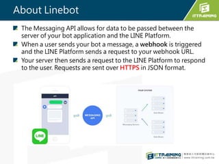 About Linebot
The Messaging API allows for data to be passed between the
server of your bot application and the LINE Platform.
When a user sends your bot a message, a webhook is triggered
and the LINE Platform sends a request to your webhook URL.
Your server then sends a request to the LINE Platform to respond
to the user. Requests are sent over HTTPS in JSON format.
 