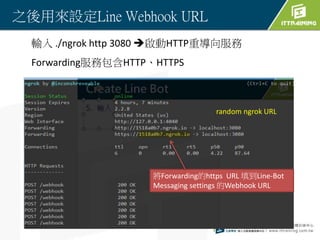 ֮ÁOLine Webhook URL
ݔ ./ngrok http 3080 ?HTTP،
ForwardingհHTTPHTTPS
Forwardinghttps URL Line-Bot
Messaging settings Webhook URL
random ngrok URL
 
