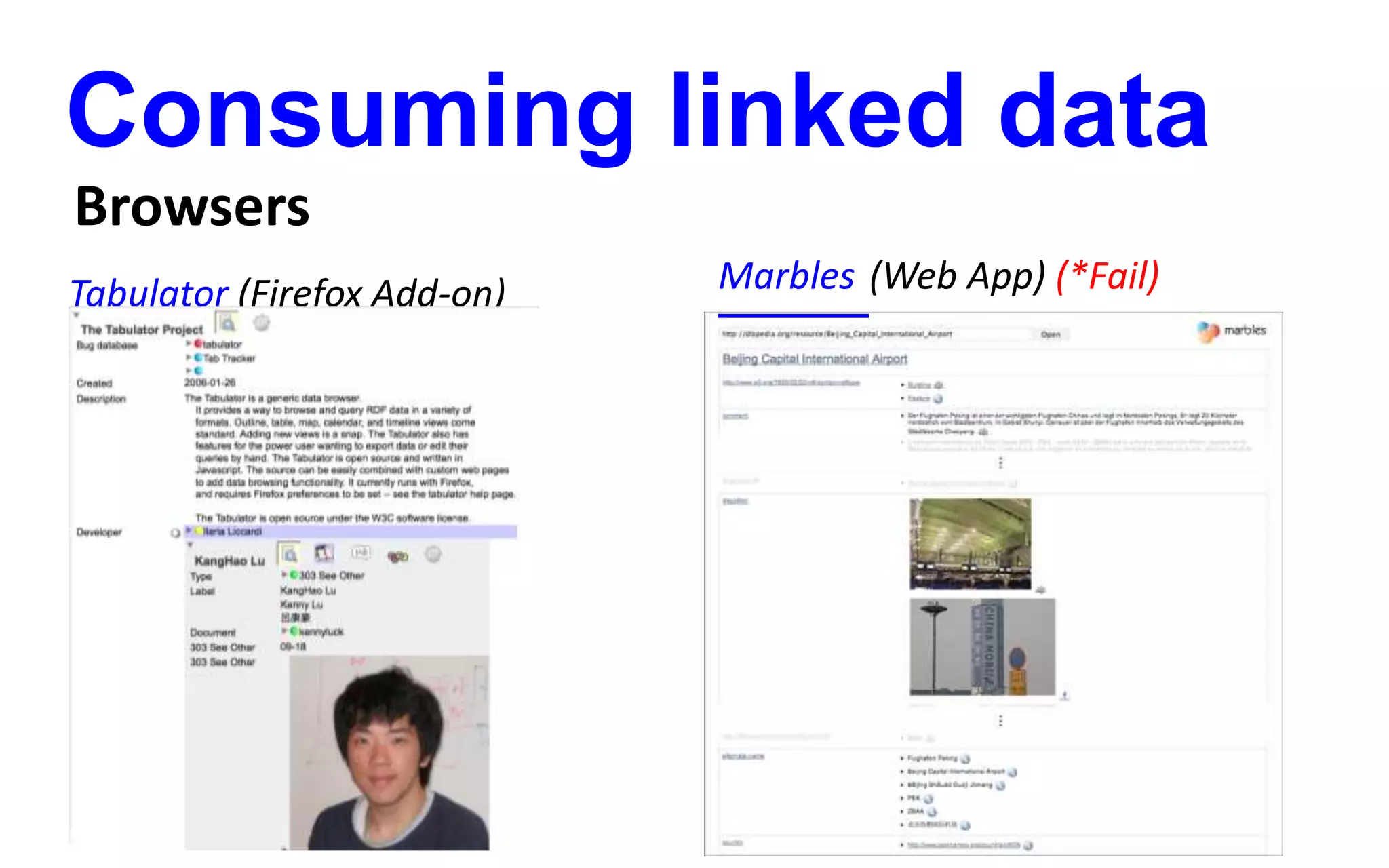 Consuming linked data
Browsers
Tabulator (Firefox Add-on) Marbles (Web App) (*Fail)
 
