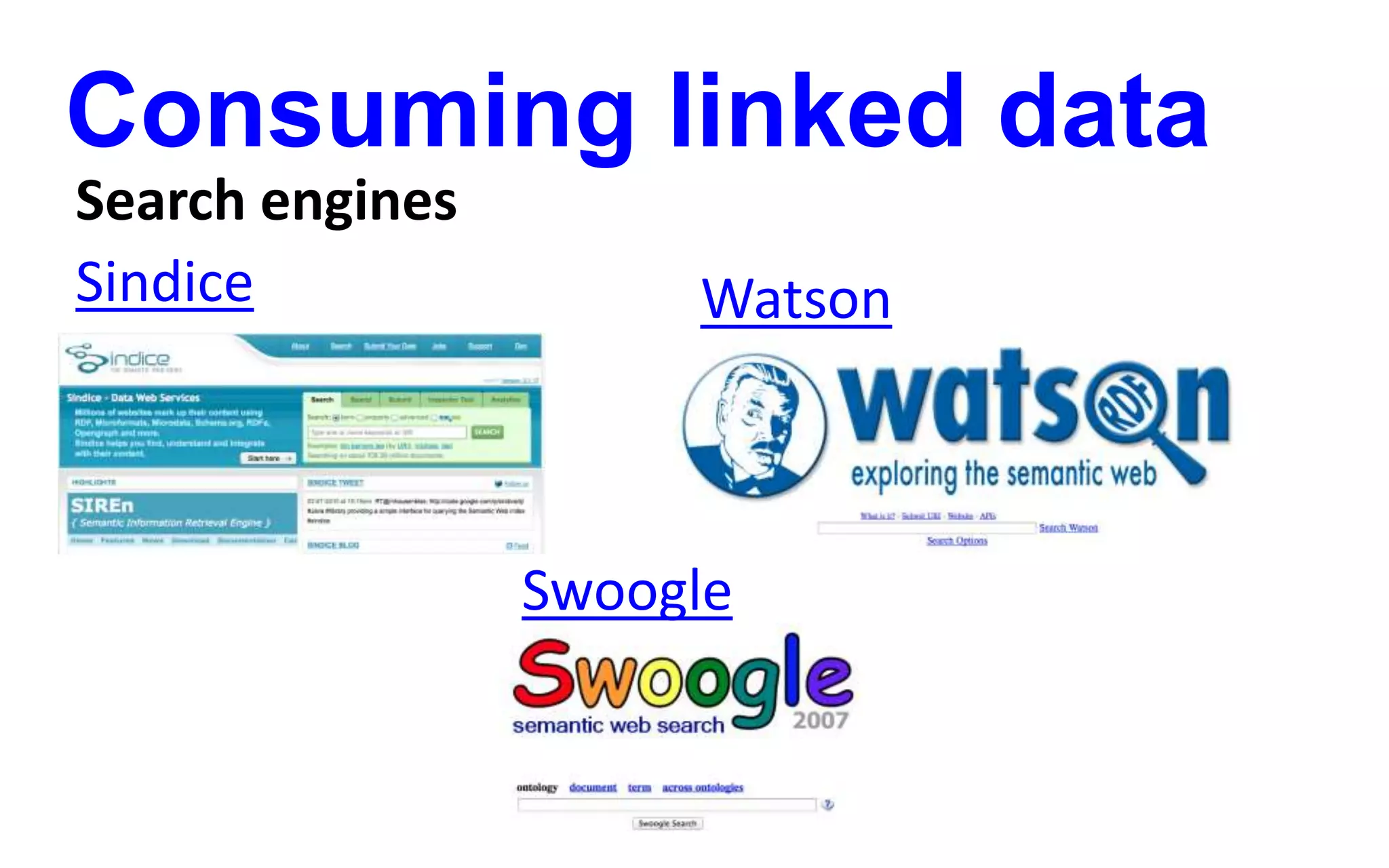 Consuming linked data
Search engines
Sindice Watson
Swoogle
 