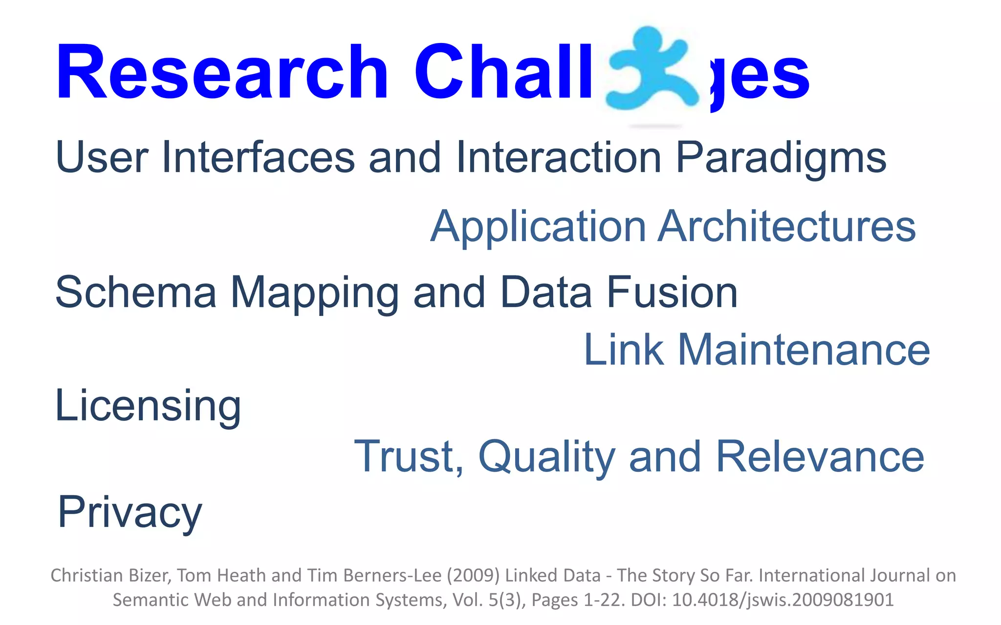 Research Challenges
User Interfaces and Interaction Paradigms
Application Architectures
Schema Mapping and Data Fusion
Link Maintenance
Licensing
Trust, Quality and Relevance
Privacy
Christian Bizer, Tom Heath and Tim Berners-Lee (2009) Linked Data - The Story So Far. International Journal on
Semantic Web and Information Systems, Vol. 5(3), Pages 1-22. DOI: 10.4018/jswis.2009081901
 
