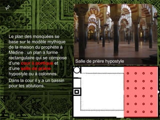 Le plan des mosquées se
base sur le modèle mythique
de la maison du prophète à
Médine : un plan à forme
rectangulaire qui se compose
d’une cour à portique et        Salle de prière hypostyle
d’une salle de prière
hypostyle ou à colonnes.
Dans la cour il y a un bassin
pour les ablutions.
 
