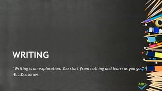 WRITING
“Writing is an exploration. You start from nothing and learn as you go.”
-E.L.Doctorow
 