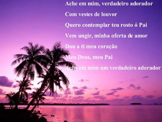 Ache em mim, verdadeiro adorador Com vestes de louvor Quero contemplar teu rosto ó Pai Vem ungir, minha oferta de amor Dou a ti meu coração Meu Deus, meu Pai Ache em mim um verdadeiro adorador 