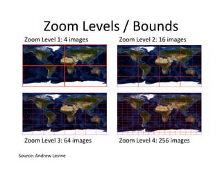 Zoom	
  Levels	
  /	
  Bounds	
  
Zoom	
  Level	
  1:	
  4	
  images	
   Zoom	
  Level	
  2:	
  16	
  images	
  
Zoom	
  Level	
  3:	
  64	
  images	
   Zoom	
  Level	
  4:	
  256	
  images	
  
Source:	
  Andrew	
  Levine	
  
 