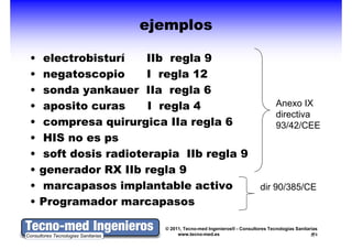 ejemplos

•   electrobisturí
      l t bi t í      IIb regla 9
                             l
•   negatoscopio      I regla 12
•   sonda yankauer IIa regla 6
•   aposito curas
      p               I regla 4
                           g                                            Anexo IX
                                                                        directiva
•   compresa quirurgica IIa regla 6                                     93/42/CEE
•   HIS no es ps
•   soft dosis radioterapia IIb regla 9
•   generador RX IIb regla 9
           d             l
•   marcapasos implantable activo                                 dir 90/385/CE
•   Programador marcapasos

                         © 2011, Tecno-med Ingenieros® - Consultores Tecnologías Sanitarias
                              www.tecno-med.es                                            3
 