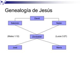 Genealogía de Jesús
                  David

    Salomón                 Natán




 (Mateo 1:12)   Zorobabel   (Lucas 3:27)




      José                   María
 