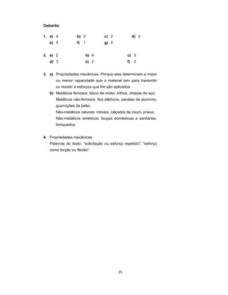 Gabarito

1. a) 4             b) 3           c) 2               d) 3
   e) 4             f) 1           g) 4


2. a) 2                b) 4                     c) 3
   d) 3                e) 2                     f) 3


3. a) Propriedades mecânicas. Porque elas determinam a maior
      ou menor capacidade que o material tem para transmitir
      ou resistir a esforços que lhe são aplicados.
   b) Metálicos ferrosos: bloco de motor, trilhos, chapas de aço;
      Metálicos não-ferrosos: fios elétricos, panelas de alumínio,
      guarnições de latão;
      Não-metálicos naturais: móveis, calçados de couro, pneus;
      Não-metálicos sintéticos: louças domésticas e sanitárias,
      brinquedos.


4. Propriedades mecânicas.
   Palavras do texto: "solicitação ou esforço repetido"; "esforço
   como torção ou flexão".




                                           25
 