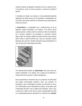 material. Quando as ligações covalentes unem um grande núme-
ro de átomos, como no caso do carbono, a dureza do material é
grande.


A resistência à tração, por exemplo, é uma propriedade bastante
desejável nos cabos de aço de um guindaste. A elasticidade, por
outro lado, deve estar presente em materiais para a fabricação de
molas de veículos.


A elasticidade é a capacidade que o material deve ter de se
deformar, quando submetido a um esforço, e de voltar à forma
original quando o esforço termina. Quando se fala em elasticida-
de, o primeiro material a ser lembrado é a borracha, embora
alguns tipos de materiais plásticos também tenham essa proprie-
dade. Porém, é preciso lembrar que o aço, por exemplo, quando
fabricado para esse fim, também apresenta essa propriedade. É o
caso do aço para a fabricação das molas.




Um material pode também ter plasticidade. Isso quer dizer que,
quando submetido a um esforço, ele é capaz de se deformar e
manter essa forma quando o esforço desaparece.


Essa propriedade é importante para os processos de fabricação
que exigem conformação mecânica, como, por exemplo, na
prensagem, para a fabricação de partes da carroceria de veícu-
los, na laminação, para a fabricação de chapas, na extrusão, para
a fabricação de tubos. Isso se aplica para materiais, como o aço,
o alumínio e o latão. O que varia é o grau de plasticidade de cada
um. A plasticidade pode se apresentar no material como maleabi-


                                           18
 