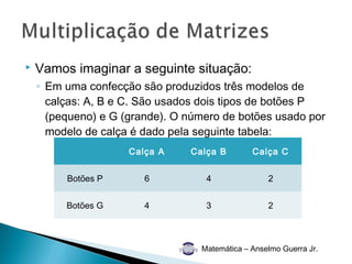    Vamos imaginar a seguinte situação:
    ◦ Em uma confecção são produzidos três modelos de
      calças: A, B e C. São usados dois tipos de botões P
      (pequeno) e G (grande). O número de botões usado por
      modelo de calça é dado pela seguinte tabela:
                     Calça A    Calça B        Calça C


         Botões P       6          4               2


         Botões G       4          3               2



                                  Matemática – Anselmo Guerra Jr.
 