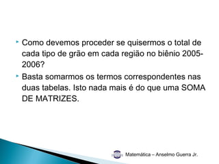  Como devemos proceder se quisermos o total de
  cada tipo de grão em cada região no biênio 2005-
  2006?
 Basta somarmos os termos correspondentes nas

  duas tabelas. Isto nada mais é do que uma SOMA
  DE MATRIZES.




                            Matemática – Anselmo Guerra Jr.
 
