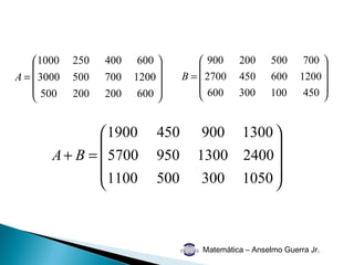 1000   250   400    600          900    200     500      700 
                                                                  
A =  3000   500   700   1200     B =  2700   450     600     1200 
     500    200   200    600          600    300     100      450 
                                                                  


                 1900       450       900 1300 
                                               
        A + B =  5700       950      1300 2400 
                 1100       500       300 1050 
                                               



                                       Matemática – Anselmo Guerra Jr.
 