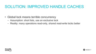 #MDBE17
SOLUTION: IMPROVED HANDLE CACHES
• Global lock means terrible concurrency
‒ Assumption: short lists, use an exclusive lock
‒ Reality: many operations read-only, shared read-write locks better
 